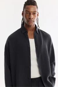 Avva Men's Black Bottom Collar Breathable Modal Blend Soft Touch Oversize Fit Shirt - Image 2