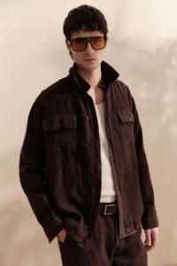 Avva Men's Brown Classic Collar Breathable 100% Linen Comfort Fit Shirt Jacket