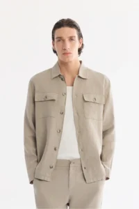 Avva Men's Gray Classic Collar Breathable 100% Linen Comfort Fit Shirt Jacket