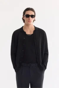 Avva Men's Black Polo Collar Buttoned Rayon Regular Fit Cardigan