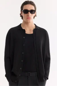Avva Men's Black Polo Collar Buttoned Rayon Regular Fit Cardigan - Image 3