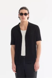 Avva Men's Black Open Collar Front Button Soft Touch Short Sleeve Regular Fit Knitwear T-Shirt
