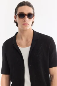 Avva Men's Black Open Collar Front Button Soft Touch Short Sleeve Regular Fit Knitwear T-Shirt - Image 2