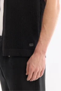 Avva Men's Black Open Collar Front Button Soft Touch Short Sleeve Regular Fit Knitwear T-Shirt - Image 5