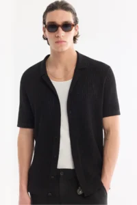 Avva Men's Black Open Collar Front Button Soft Touch Short Sleeve Regular Fit Knitwear T-Shirt - Image 6