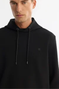 Avva Men's Black Hooded Flexible Soft Texture Interlock Fabric Basic Regular Fit Sweatshirt - Image 2
