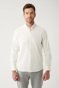 Avva Men's Ecru Button Collar 100% Cotton Soft Touch Velvet Regular Fit Shirt - Image 3