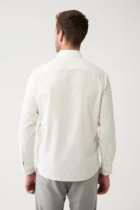 Avva Men's Ecru Button Collar 100% Cotton Soft Touch Velvet Regular Fit Shirt - Image 4