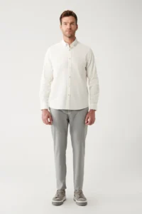 Avva Men's Ecru Button Collar 100% Cotton Soft Touch Velvet Regular Fit Shirt - Image 5