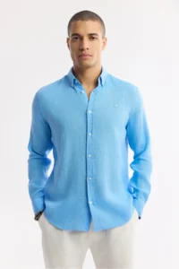 Avva Men's Blue Button-down Collar 100% Linen Comfort Fit Shirt - Image 5