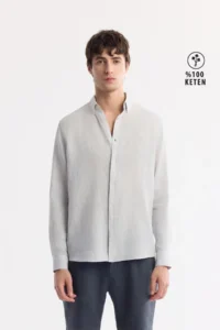 Avva Men's Ice Gray Button Collar 100% Linen Comfort Fit Shirt