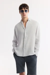 Avva Men's Ice Gray Button Collar 100% Linen Comfort Fit Shirt - Image 4