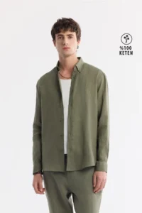 Avva Men's Khaki Button Collar 100% Linen Comfort Fit Shirt