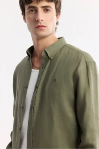 Avva Men's Khaki Button Collar 100% Linen Comfort Fit Shirt - Image 2