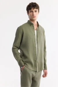 Avva Men's Khaki Button Collar 100% Linen Comfort Fit Shirt - Image 6