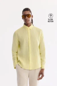 Avva Men's Light Yellow Button-down Collar 100% Linen Comfort Fit Shirt