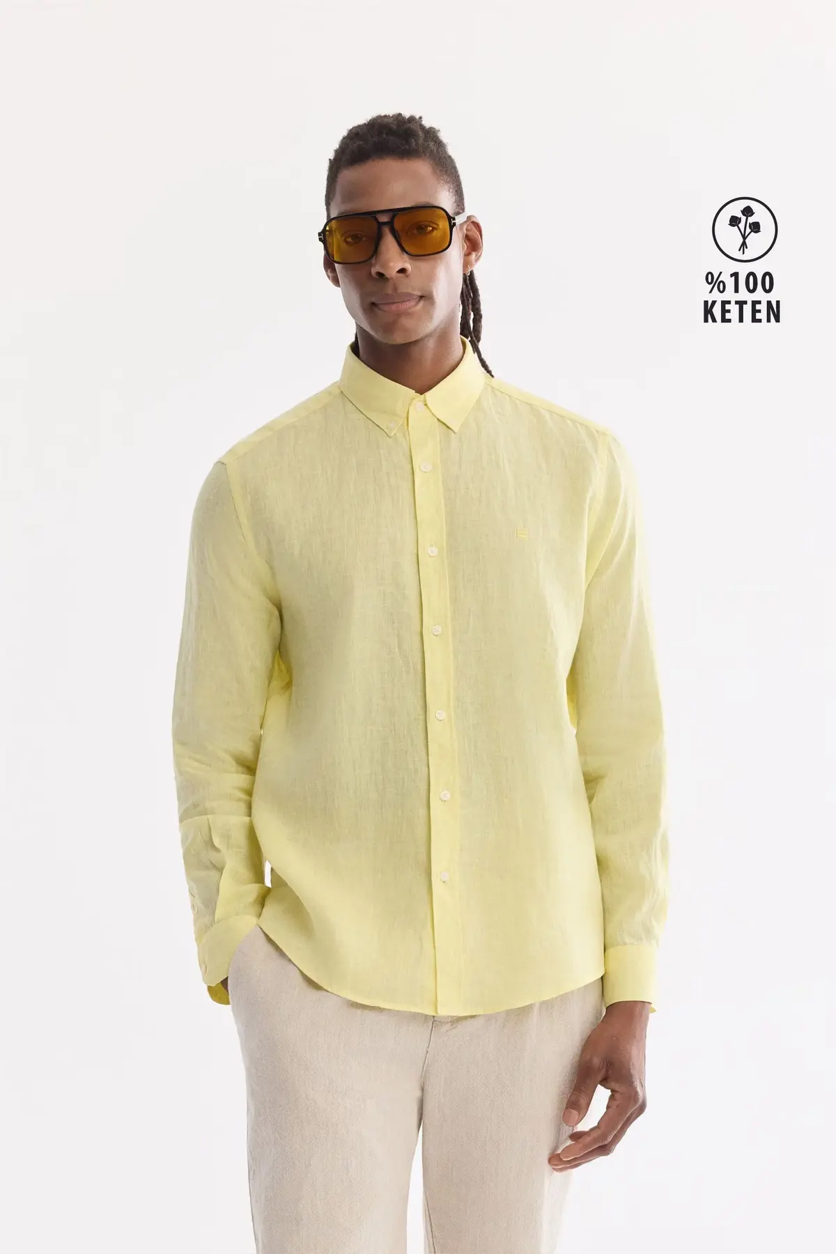 B002191-LIGHT-YELLOW_1 Avva Men's Light Yellow Button-down Collar 100% Linen Comfort Fit Shirt - Image 1