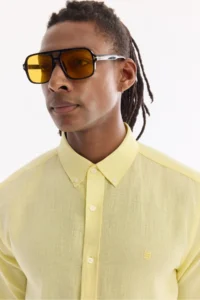 Avva Men's Light Yellow Button-down Collar 100% Linen Comfort Fit Shirt - Image 2