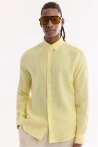 Avva Men's Light Yellow Button-down Collar 100% Linen Comfort Fit Shirt - Image 3