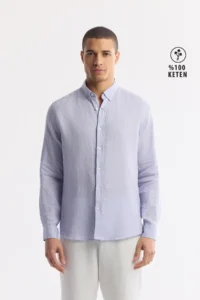 Avva Men's Lilac Button Collar 100% Linen Comfort Fit Shirt