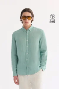 Avva Men's Mint Green Button Collar 100% Linen Comfort Fit Shirt