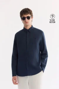 Avva Men's Navy Blue Button-down Collar 100% Linen Comfort Fit Shirt