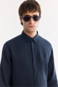 Avva Men's Navy Blue Button-down Collar 100% Linen Comfort Fit Shirt - Image 2