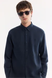 Avva Men's Navy Blue Button-down Collar 100% Linen Comfort Fit Shirt - Image 3