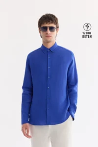 Avva Men's Sax Button Collar 100% Linen Comfort Fit Shirt