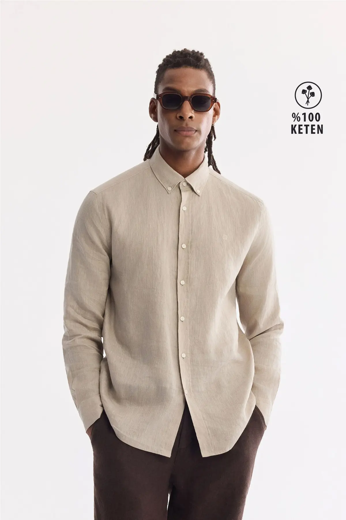 B002191-STONE_1 Avva Men's Stone Button Collar 100% Linen Comfort Fit Shirt - Image 1