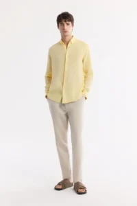Avva Men's Yellow Button-down Collar 100% Linen Comfort Fit Shirt - Image 6