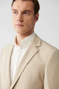 Avva Men's Beige Mono Collar Lined Slit Jersey Fabric Slim Fit Blazer Jacket - Image 2