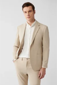 Avva Men's Beige Mono Collar Lined Slit Jersey Fabric Slim Fit Blazer Jacket - Image 3