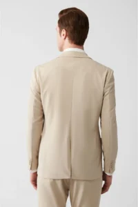 Avva Men's Beige Mono Collar Lined Slit Jersey Fabric Slim Fit Blazer Jacket - Image 4