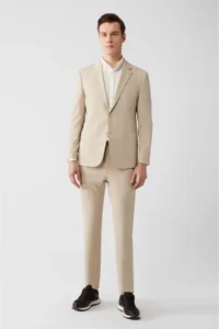 Avva Men's Beige Mono Collar Lined Slit Jersey Fabric Slim Fit Blazer Jacket - Image 5
