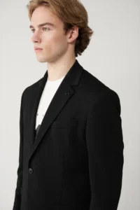 Avva Men's Black Mono Collar Lined Slit Jersey Fabric Slim Fit Blazer Jacket - Image 2