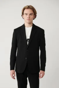 Avva Men's Black Mono Collar Lined Slit Jersey Fabric Slim Fit Blazer Jacket - Image 3