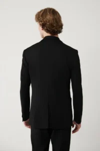 Avva Men's Black Mono Collar Lined Slit Jersey Fabric Slim Fit Blazer Jacket - Image 4