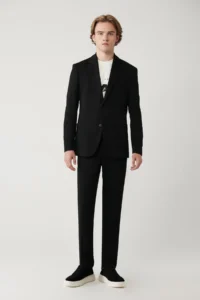 Avva Men's Black Mono Collar Lined Slit Jersey Fabric Slim Fit Blazer Jacket - Image 6