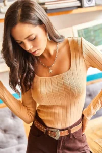 Olalook Women's Beige Square Collar Thick Ribbed Knitwear Sweater - Image 3