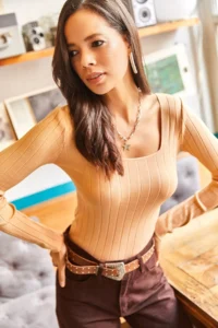 Olalook Women's Beige Square Collar Thick Ribbed Knitwear Sweater - Image 4