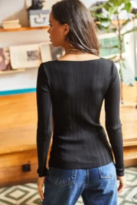 Olalook Women's Black Square Collar Thick Ribbed Knitwear Sweater - Image 2