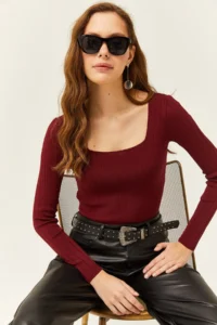 Olalook Women's Claret Red Square Collar Thick Ribbed Knitwear Blouse - Image 2