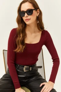 Olalook Women's Claret Red Square Collar Thick Ribbed Knitwear Blouse - Image 5