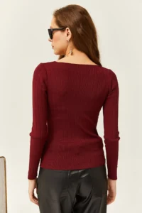 Olalook Women's Claret Red Square Collar Thick Ribbed Knitwear Blouse - Image 6