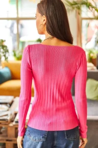 Olalook Women's Fuchsia Square Collar Thick Ribbed Knitwear Sweater - Image 2