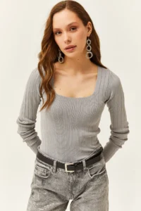 Olalook Women's Gray Square Collar Thick Ribbed Knitwear Blouse