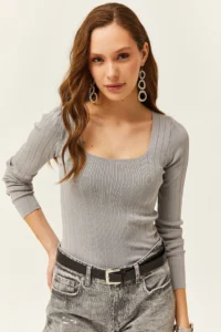 Olalook Women's Gray Square Collar Thick Ribbed Knitwear Blouse - Image 2