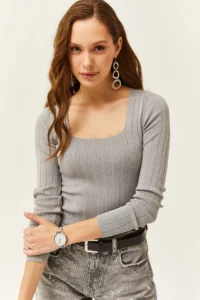 Olalook Women's Gray Square Collar Thick Ribbed Knitwear Blouse - Image 3