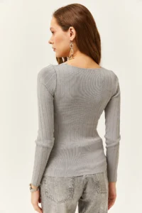 Olalook Women's Gray Square Collar Thick Ribbed Knitwear Blouse - Image 4